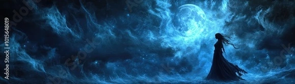 Fototapeta A mystical figure stands in a dreamlike, blue haze, illuminated by a glowing moon amidst swirling clouds, evoking a sense of wonder.