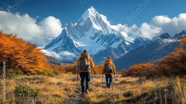 Fototapeta Trekking through rugged trails with scenic views of towering mountain peaks and remote landscapes is a challenging yet rewarding outdoor adventure.