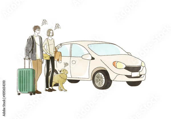 Fototapeta 困った表情の車で旅行をする男女と犬