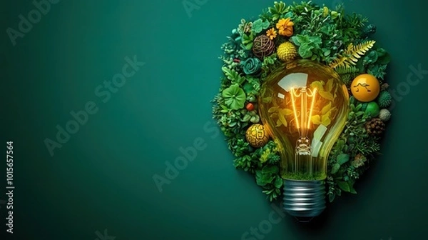 Fototapeta An abstract lightbulb made of environmental icons symbolizes the merging of business innovation, ecology, and sustainability.