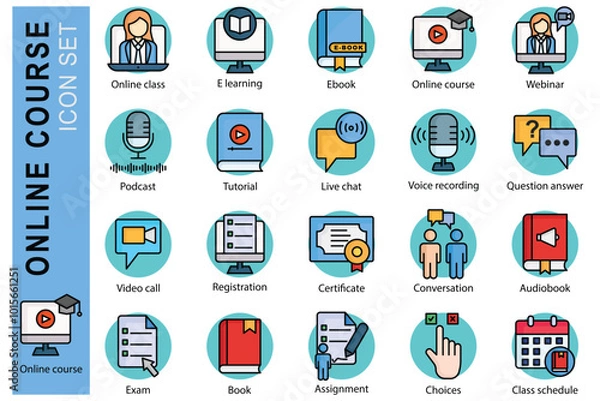 Obraz Online course icon set. colored outline icon style. icon related to online learning. online class, e learning, tutorial, and more. education element vector illustration