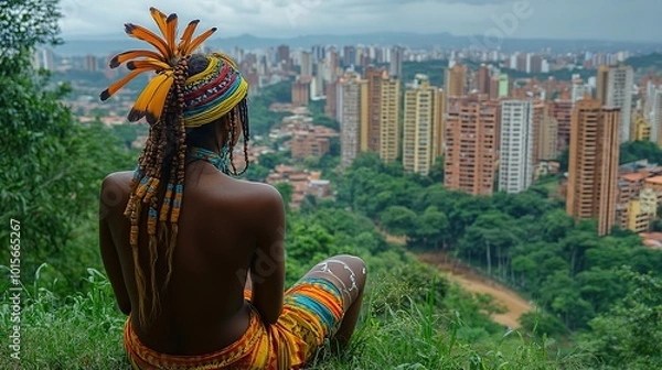 Fototapeta An indigenous person gazes out at the changing landscape, once a forest, now a city filled with skyscrapers.
