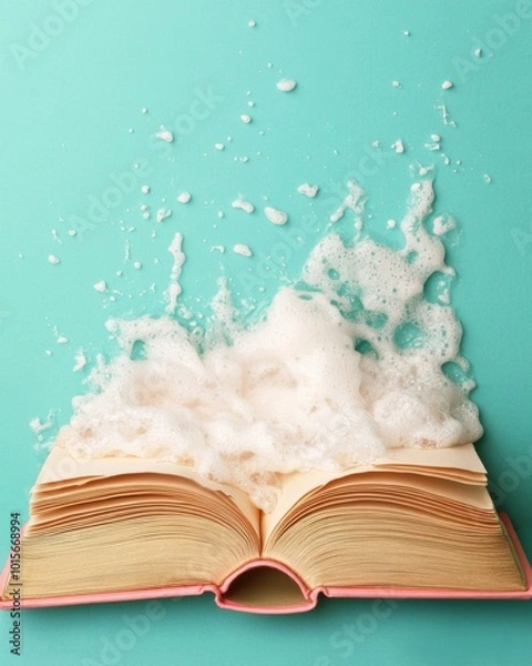 Fototapeta Creative Minimalist Open Book with Ocean Wave Pages against Turquoise Background