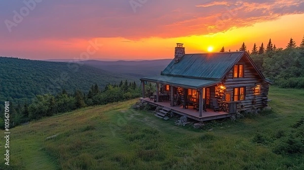 Fototapeta A thunderstorm clears over a backcountry hut in Maine, captured at sunset in a breathtaking aerial view of the weather and landscape.