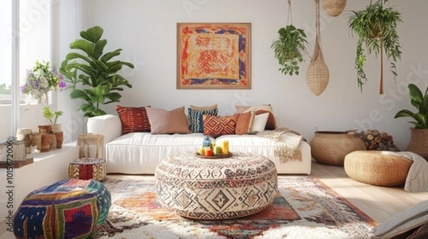 Fototapeta A beautifully designed living room featuring a white couch adorned with colorful pillows, a patterned rug, and a vibrant coffee table centerpiece. Indoor plants add freshness and warmth to the space.