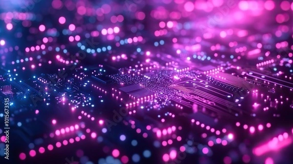 Fototapeta A vibrant microchip backdrop in purple and blue, designed with 3D illustrations of PCB technology and futuristic linkages.