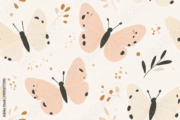 Fototapeta Delicate Butterfly Pattern with Minimalist Botanical Elements