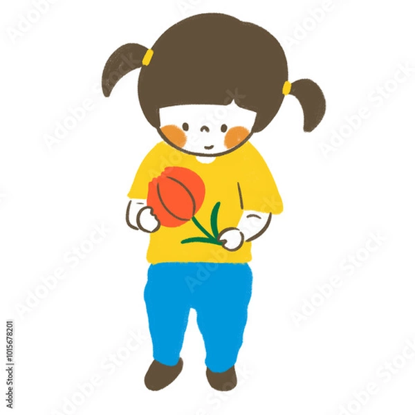 Fototapeta 手描き 子どもとチューリップ（女の子）