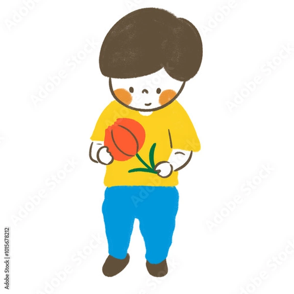 Fototapeta 手描き 子どもとチューリップ（男の子）