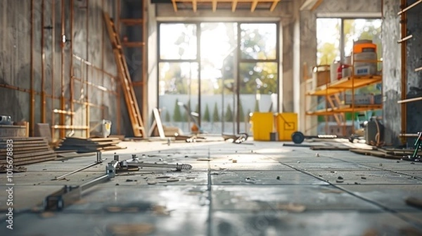 Obraz Daylight view of a modern house under construction with tools and materials