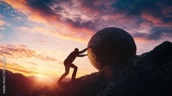 Fototapeta Man Pushing Boulder Up Mountain at Sunset