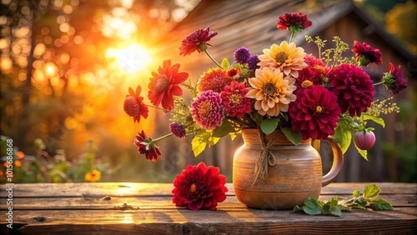 Fototapeta A Vibrant Bouquet of Autumn Flowers Basking in the Golden Hour Sunlight, Gracefully Arranged in a Rustic Earthenware Jug on a Weathered Wooden Table