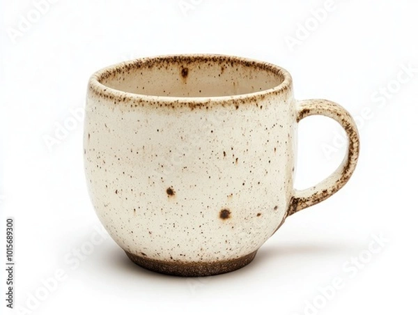 Fototapeta A handmade ceramic mug, isolated on a plain white background, focus on its unique, imperfect details