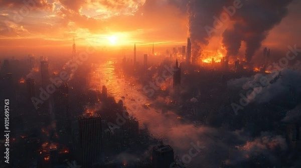 Fototapeta A post-apocalyptic cityscape stretches under a smoky sky, illustrating the future consequences of environmental neglect.
