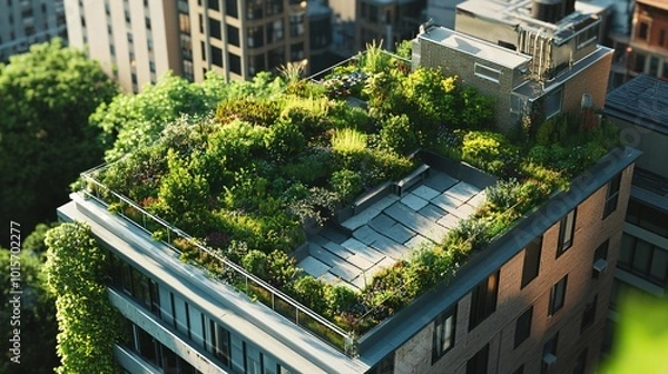 Fototapeta Rooftop garden with a patio area on a multi-story building.