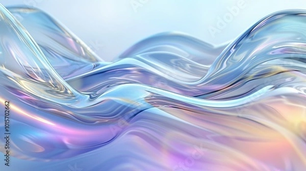 Obraz A dynamic 3D rendering of iridescent waves flowing across a soft pastel background. The fluid texture and soft lighting create an ethereal, almost futuristic look with a sense of motion and light