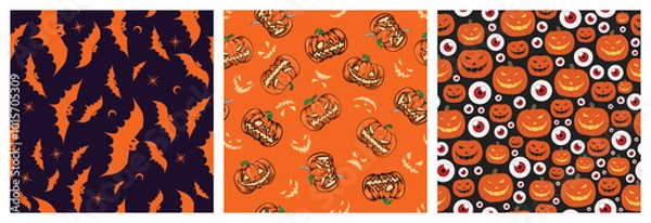 Fototapeta set seamless pattern of pumpkin head lights, eye, bat on black and orange background. lantern in Halloween party celebration. vector