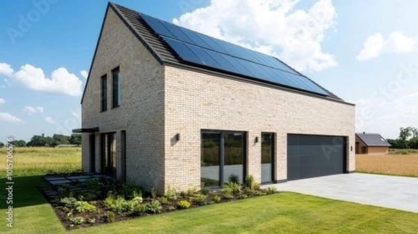 Fototapeta A modern, eco-friendly house with a spacious design, large windows, and solar panels on the roof, set in an open grassy area.