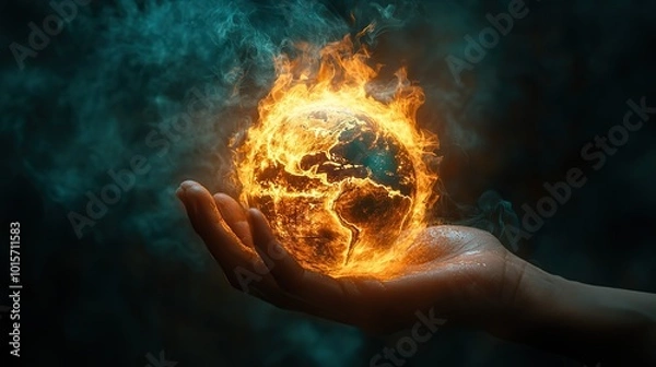 Fototapeta A hand grasps a burning globe set against a dark, foreboding background, visually representing the urgent environmental crisis threatening the planet.