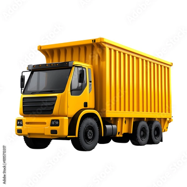 Fototapeta Bright yellow dump truck isolated on white background, perfect for construction and transport themes.