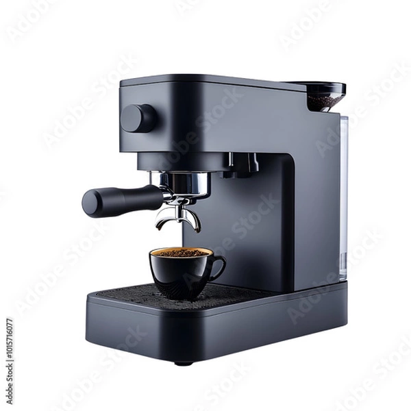 Fototapeta Sleek black espresso machine with a coffee cup, isolated on white background.