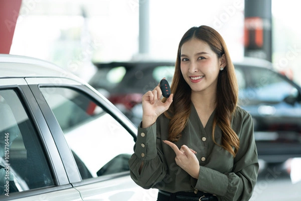 Fototapeta Happy Woman Standing Beside A New Car Showing Car Key And Smiling To The Camera At Showroom