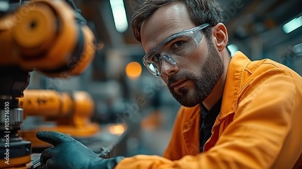 Fototapeta A maintenance engineer collaborates with a robotic arm in a high-tech, modern factory environment.