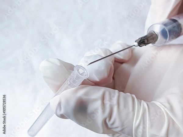 Fototapeta Hands in medical gloves remove cap from syringe needle. Opening syringe. Routine vaccinations for children concept. Vaccination. Sterile medical items. Open syringe needle for injection. Antibiotics.