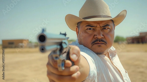 Obraz A man in a cowboy hat is holding a gun and looking angry. The scene is set in a desert, with a house in the background. The man's expression and the setting create a mood of tension and danger