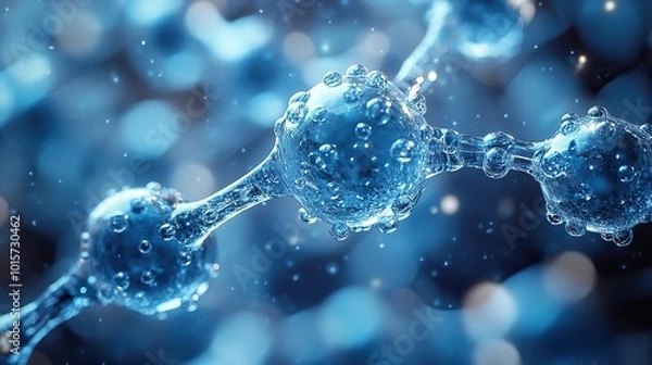 Fototapeta A close-up of hydrogen cells and blue liquid molecules with water atoms, illustrating green energy solutions for sustainable transportation and technology.