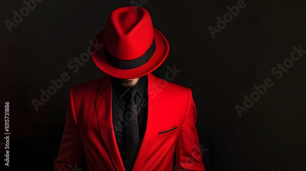 Obraz A red suit, black tie, and hat. The man is completely hidden behind the shadow of his head, but you can see that he wears it with confidence and elegance. Black background.