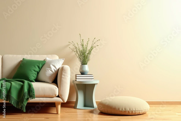 Fototapeta  A modern living room with a beige sofa  on the left with a green throw blanket draped over it, green and white cushions, a unique side table with a plant, stacked books, against a plain light wall