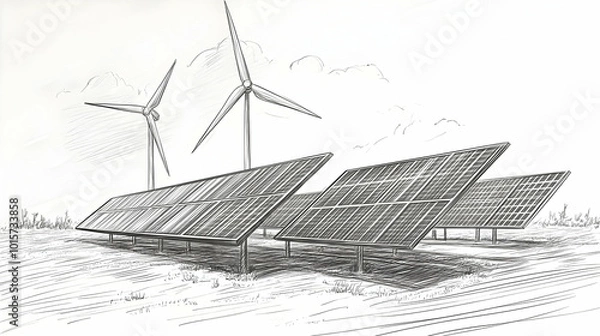 Fototapeta Hand-Drawn Sketch of a Solar Panel Farm with Wind Turbines in a Field