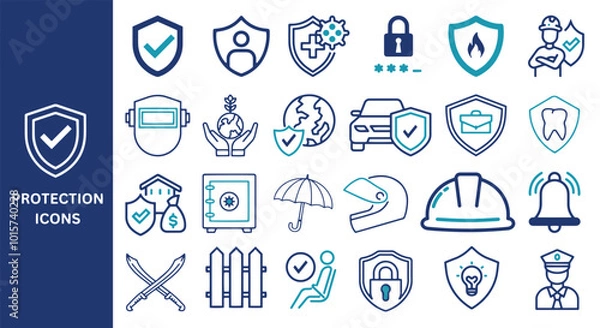 Fototapeta Protection Icon Set. Shield, lock, security, alarm, safe umbrella, helmet, fence, airbag, guard, vector icons.