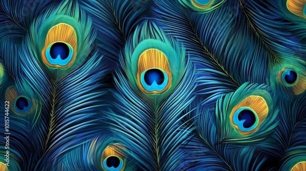 Fototapeta Majestic Peacock Feather Pattern in Vivid Blues and Greens with Eye-Like Shapes Background