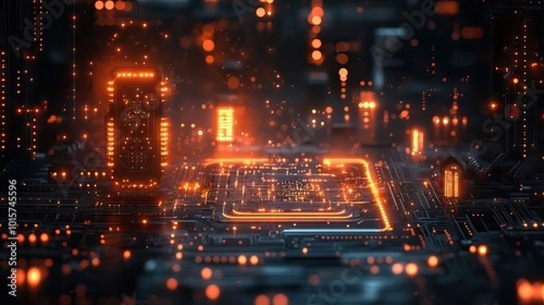 Obraz A futuristic circuit board design representing quantum computer technologies, including waves and AI illustrations.
