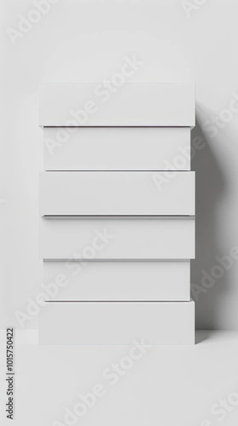 Fototapeta Neat stack of varying-sized white boxes, matte finish, on a plain white backdrop with soft shadows.