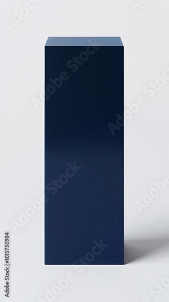 Fototapeta Tall glossy navy blue box, bottom left on white background, high-reflective surface, soft shadow.