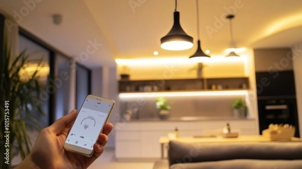 Fototapeta Smart home lighting automation: Remote control and voice command for automated lights and dimming schedules