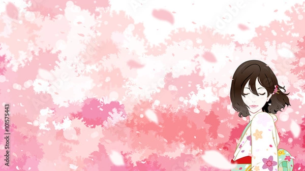 Fototapeta 着物の女性と桜　目を閉じる