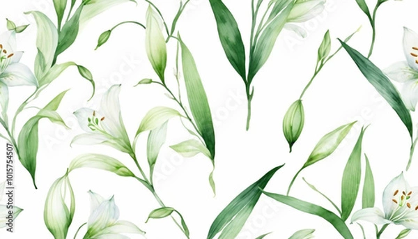 Fototapeta  Green leaves and floral pattern in a fresh nature-inspired design