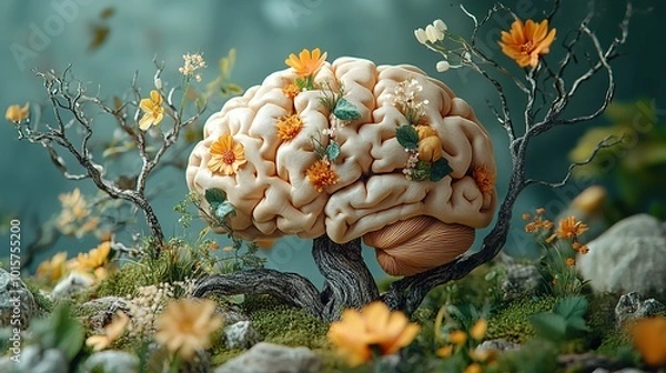 Fototapeta A 3D brain model is combined with tree branches, leaves, and flowers to symbolize the harmony between mental health and nature.