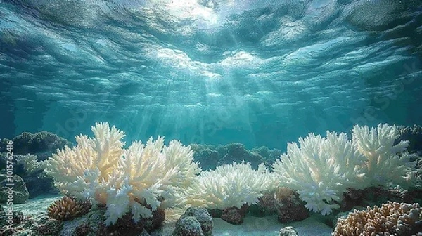 Fototapeta A bleached coral reef stretches out beneath the waters of the Maldives, a victim of the rising sea temperatures caused by climate change.
