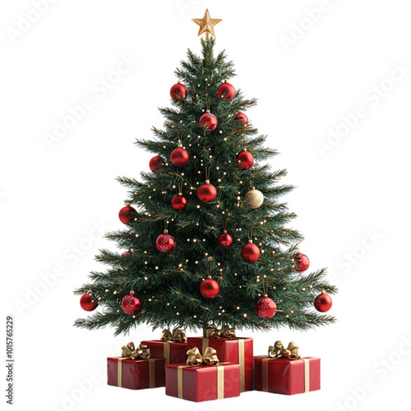 Fototapeta Christmas tree with red ornaments and golden gifts underneath on a transparent background.
