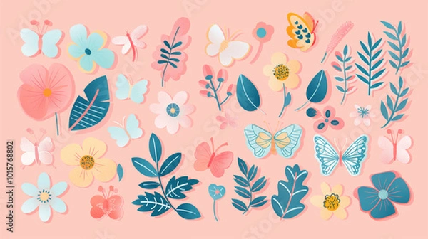 Fototapeta A set of stickers with spring flowers, leaves and butterflies in a flat vector on a pastel pink background.