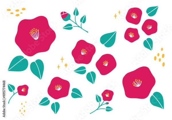 Obraz ピンクの椿の手描きイラストセット