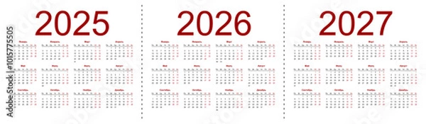 Fototapeta Calendar grid for 2025, 2026 and 2027 years. Simple horizontal template in Russian language. Week starts from Monday. Isolated vector illustration on white background.