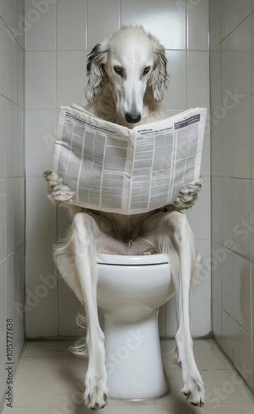 Fototapeta Borzoi reading a newspaper in the toilet generated by AI