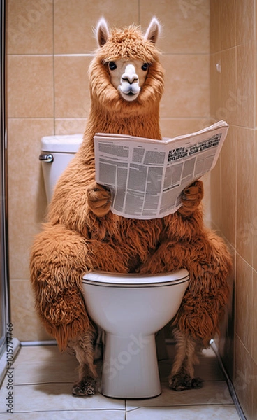 Fototapeta Alpaca reading a newspaper in the toilet generated by AI