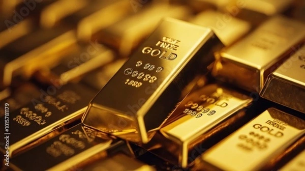 Fototapeta Gold bars stacked with shiny surface reflecting light.